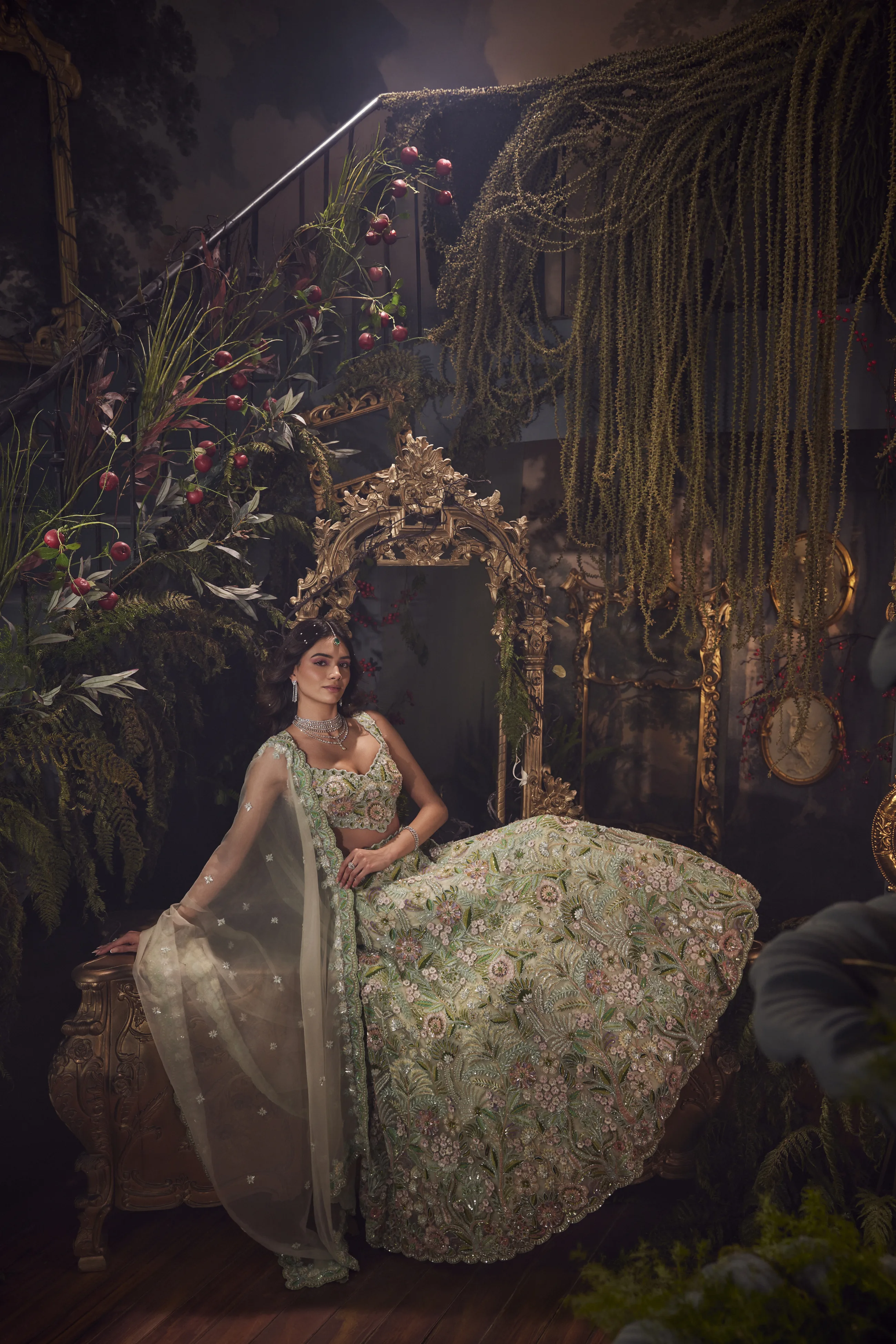Charmie Galaiya couture — hand-embroidered sage and gold lehenga