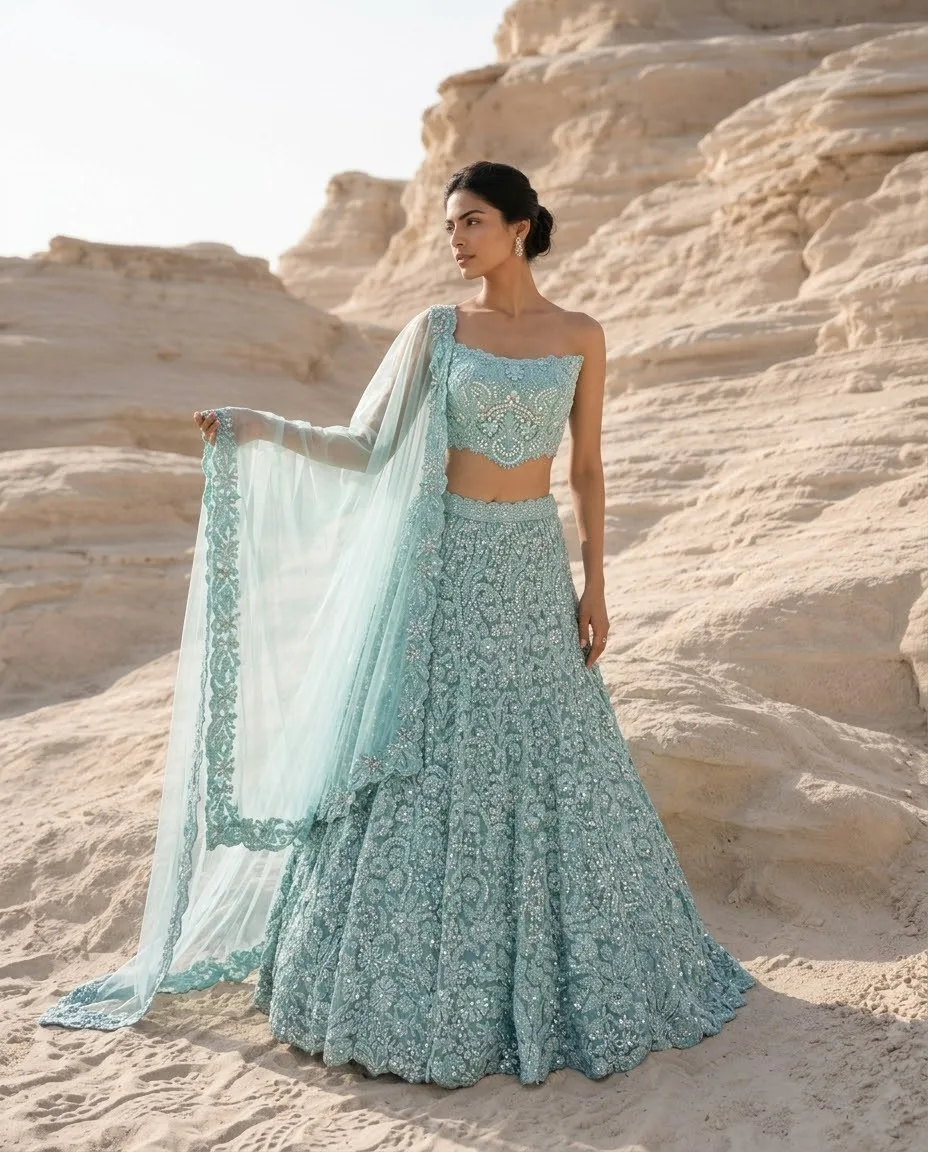 Aqua Mint Lehenga Set — Aqua Mint Green Bridal Lehenga by Charmie Galaiya