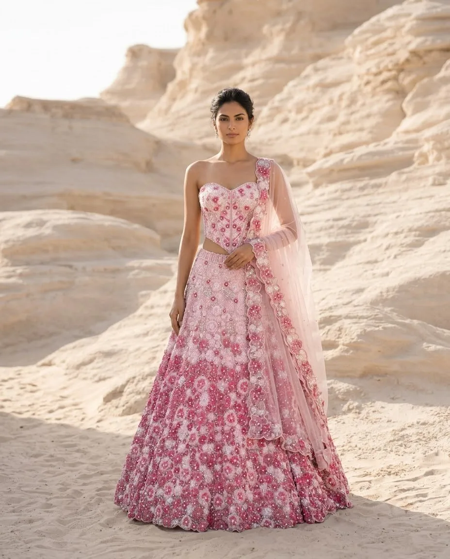 Baby Pink Ombré Lehenga Set — Baby Pink Bridal Lehenga by Charmie Galaiya